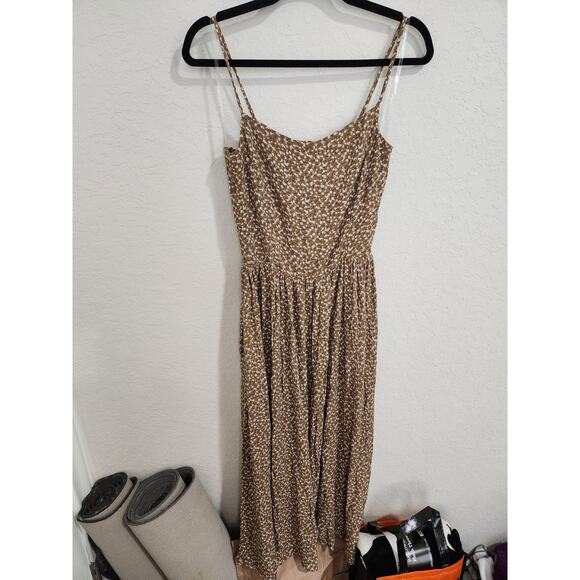 Sozy Aster Golden Brown Floral Stretchy Pocket Rayon Midi Dress Size M - Picture 2 of 6